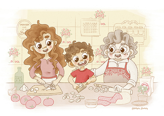 Little boy cooking with his mum and grandma