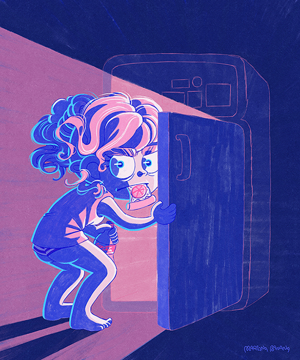 Girl stealing food from fridge at night