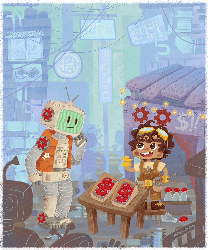 Little boy selling strange gears to a robot